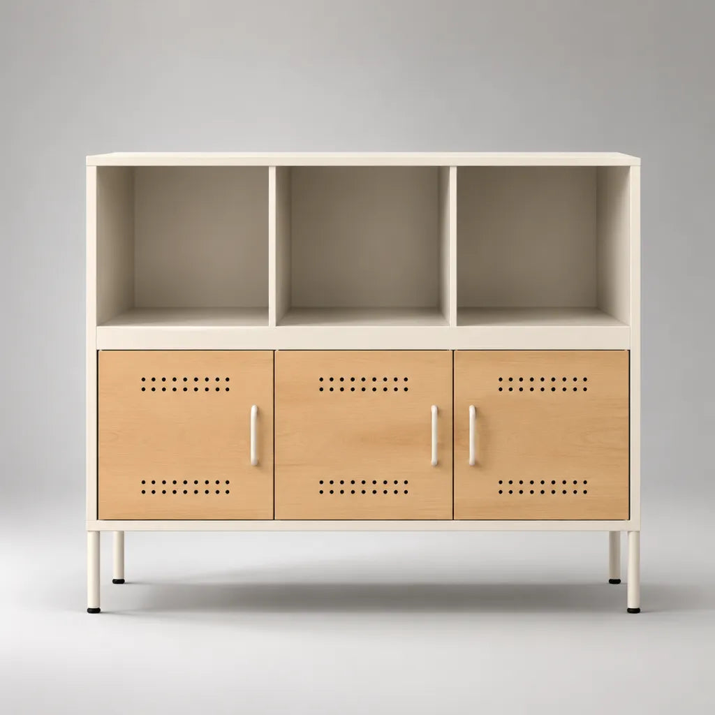 Credenza contenitore rettangolare a 3 ante in MDF melaminico e acciaio, bianco e rovere chiaro, 120 x 40 x 110 cm