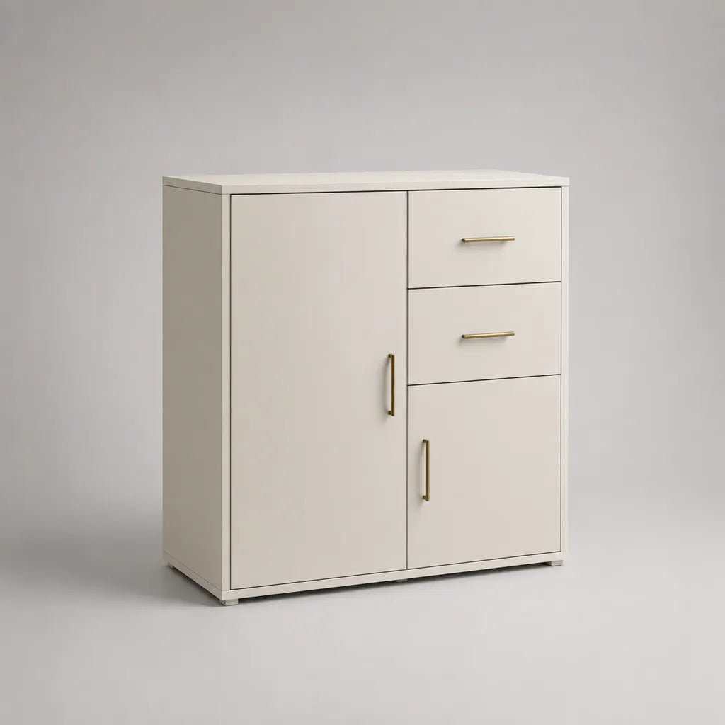 Credenza contenitore in legno bianco e ottone con 2 ante e 2 cassetti, 80 × 35 × 90 cm