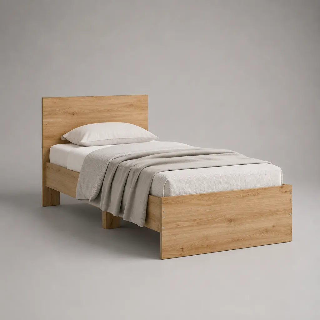 Letto singolo in pannello truciolare melaminico effetto rovere chiaro, 205 x 96 x 100 cm, per materasso 90 x 200 cm, con testiera e rete a doghe