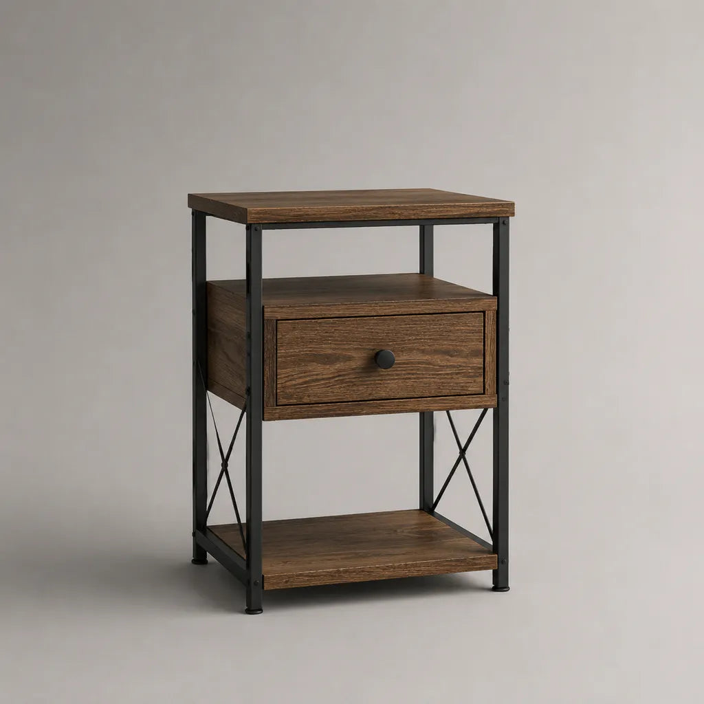 Comodino industriale in legno e metallo con cassetto e 2 ripiani, marrone effetto rovere e nero, 45 × 40 × 65 cm