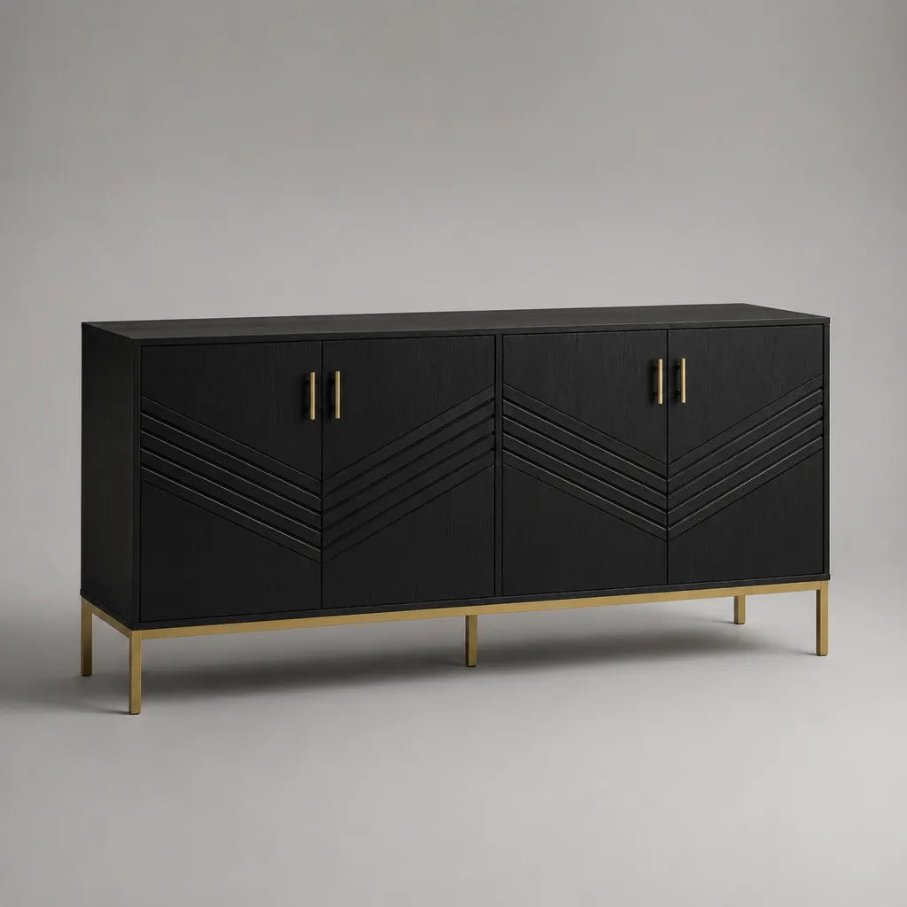 Credenza a 4 ante in legno nero con base in acciaio dorato, 160 × 40 × 80 cm