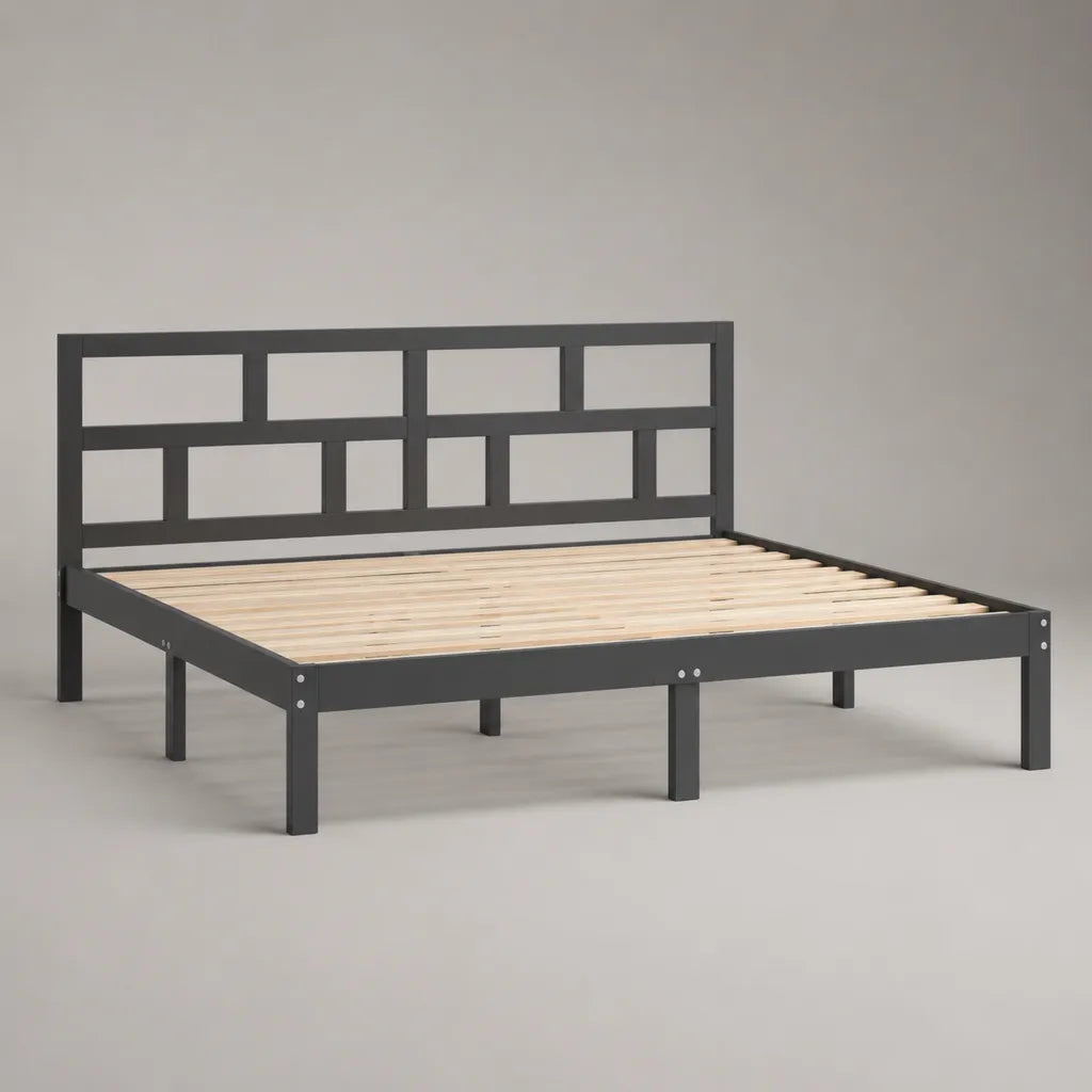 Letto matrimoniale in acciaio e legno con rete a doghe, antracite e naturale, 160 × 200 cm