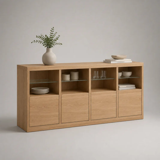 Credenza rettangolare in MDF impiallacciato rovere e vetro, 4 ante, 180 × 40 × 90 cm, rovere naturale