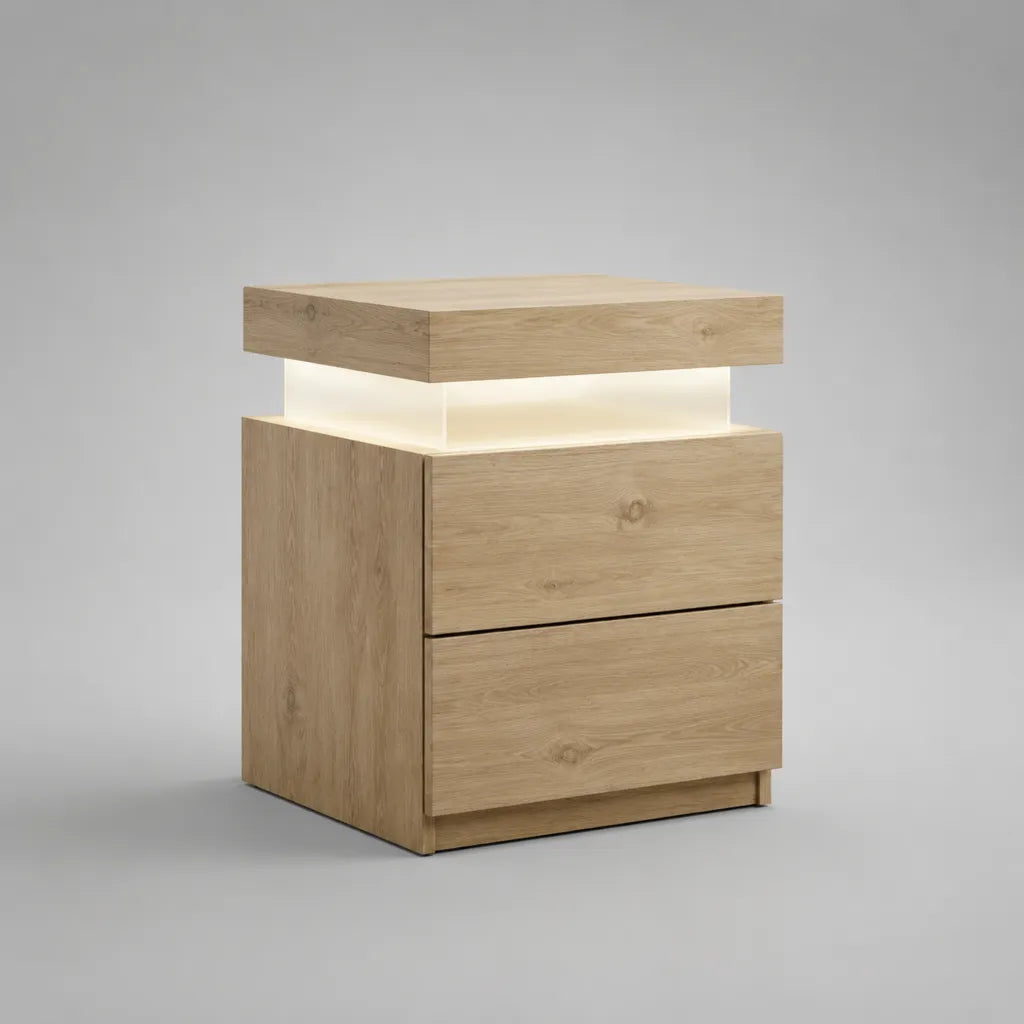 Comodino rettangolare da interno con luce LED e 2 cassetti in MDF melaminico effetto rovere chiaro, 45 x 40 x 60 cm
