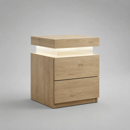 Comodino rettangolare da interno con luce LED e 2 cassetti in MDF melaminico effetto rovere chiaro, 45 x 40 x 60 cm