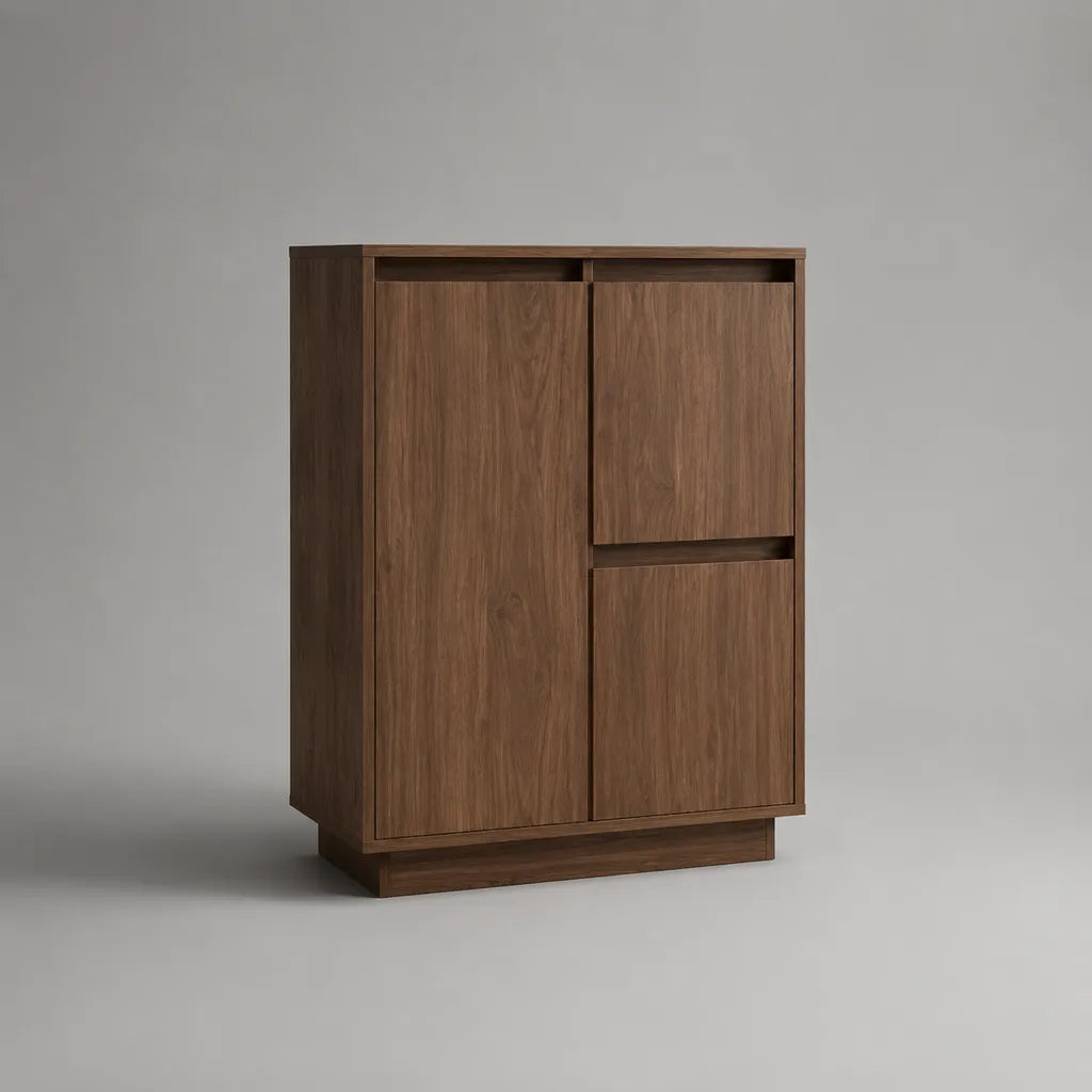 Credenza alta rettangolare a 3 ante in MDF melaminico effetto noce marrone, 100 × 40 × 135 cm