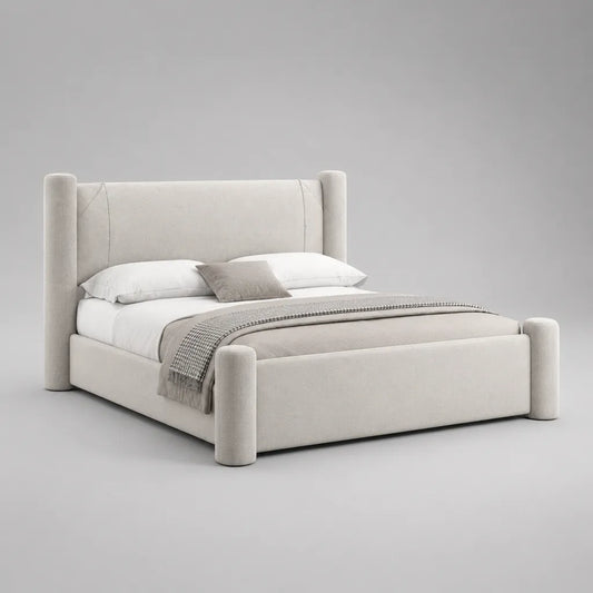 Letto matrimoniale imbottito bianco crema con testiera alta e rivestimento in tessuto, 190 x 225 x 130 cm, per materasso 160 x 200 cm
