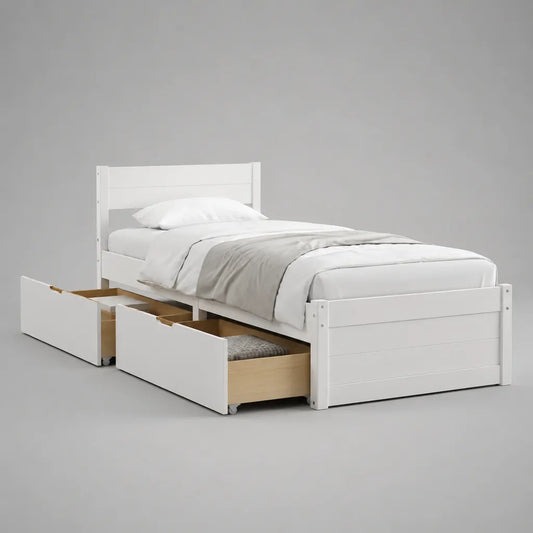 Letto singolo con 3 cassetti in legno massello di pino e MDF, bianco, rete 90 x 200 cm, dimensioni 207 x 98 x 100 cm