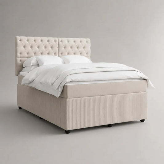 Letto matrimoniale imbottito in tessuto beige con testiera capitonné, superficie 160 x 200 cm, dimensioni 170 x 215 x 120 cm