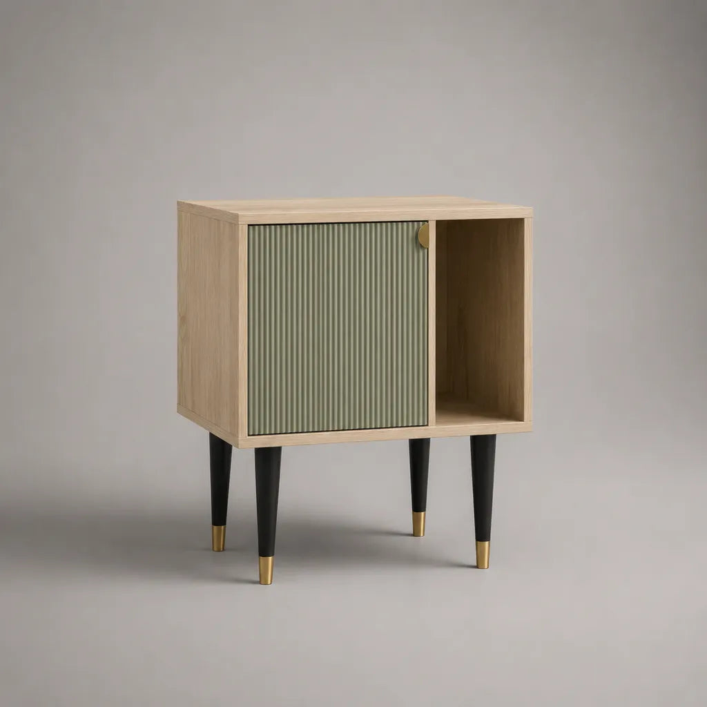 Comodino rettangolare con anta scorrevole in MDF, rovere chiaro e verde salvia, 60 x 35 x 70 cm