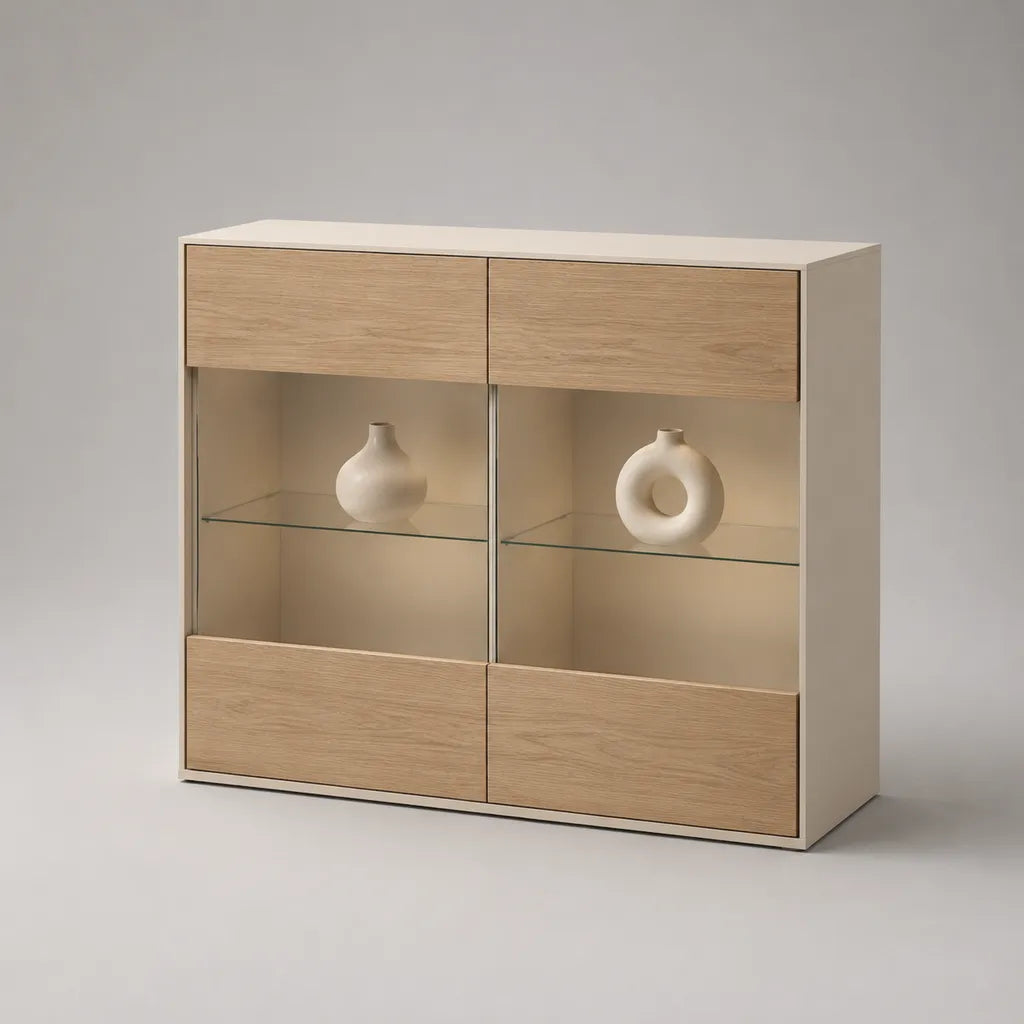 Credenza vetrina rettangolare a 2 ante in MDF e vetro, avorio e rovere naturale, 120 x 40 x 100 cm