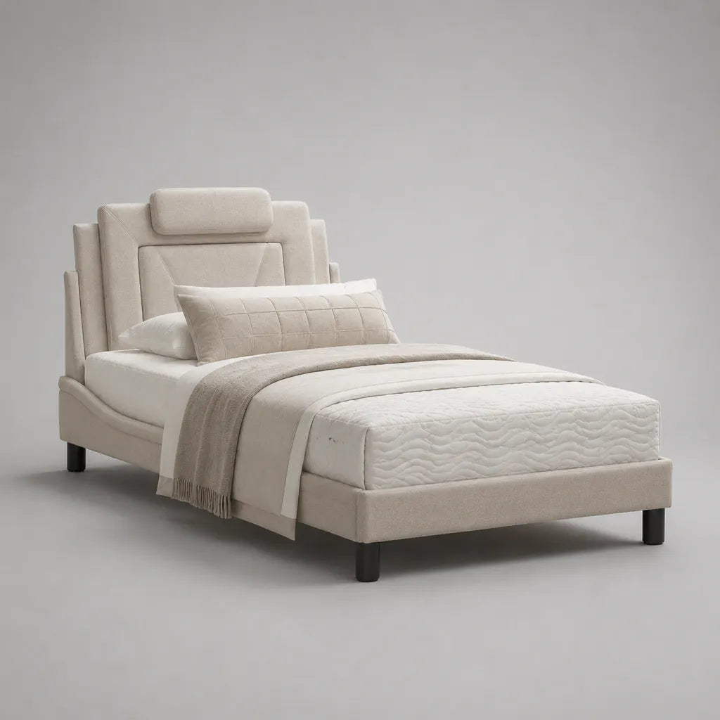 Letto matrimoniale imbottito in tessuto beige e nero 173 x 214 x 148 cm con rete 160 x 200 cm