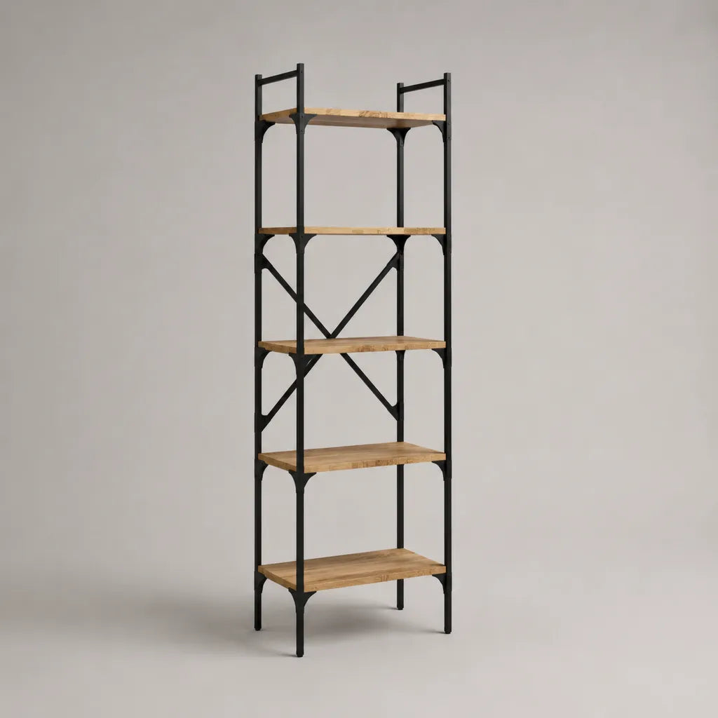 Libreria rettangolare a 5 ripiani in pino massello e acciaio, nero e naturale, 60 x 30 x 180 cm