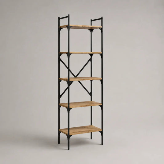Libreria rettangolare a 5 ripiani in pino massello e acciaio, nero e naturale, 60 x 30 x 180 cm