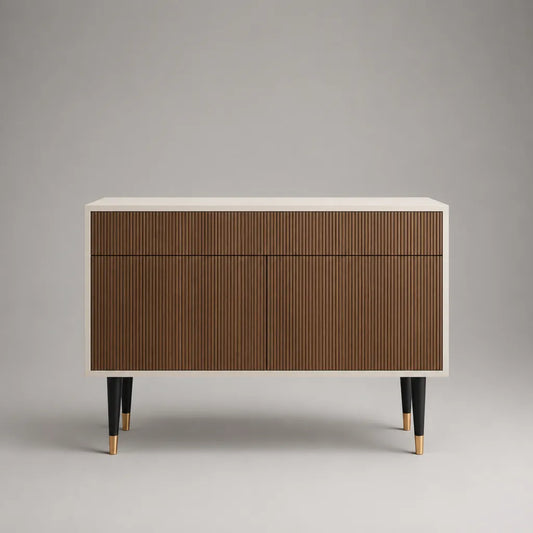 Credenza contenitore rettangolare in MDF laccato e impiallacciato noce, bianco, marrone, nero e oro, 120 × 40 × 80 cm