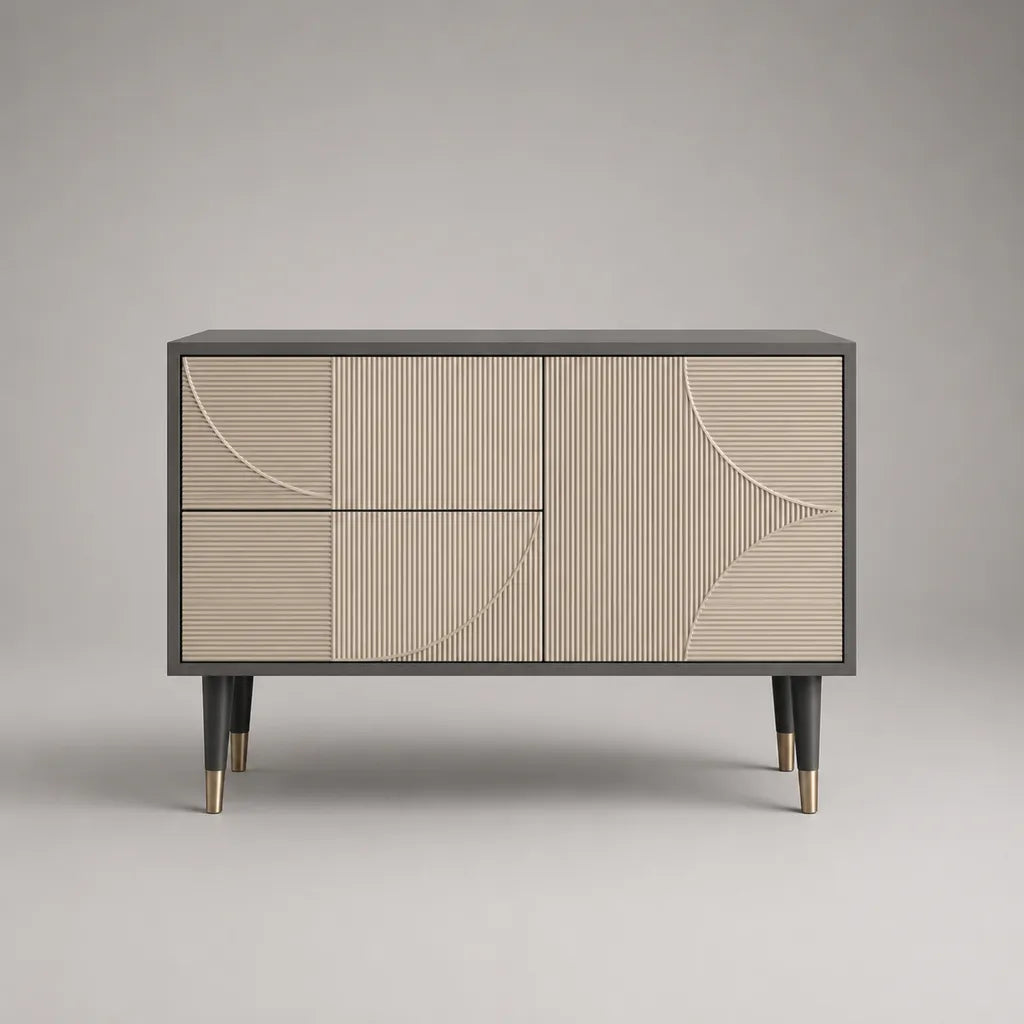 Credenza rettangolare in legno e acciaio a 4 ante, beige, grigio scuro e ottone, 140 × 40 × 80 cm