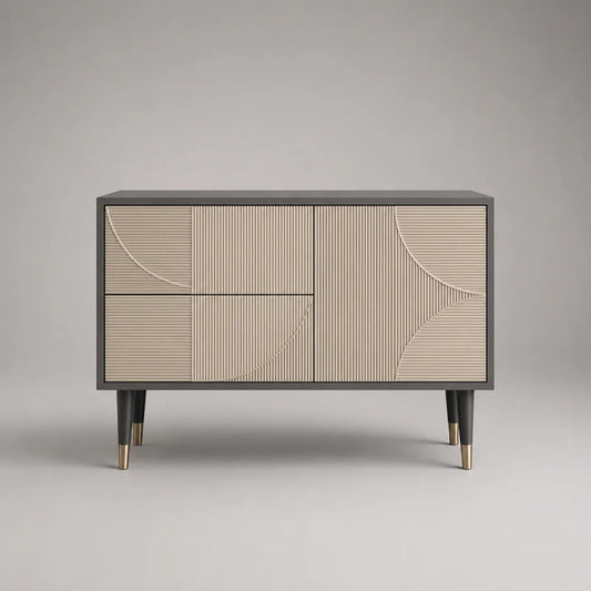 Credenza rettangolare in legno e acciaio a 4 ante, beige, grigio scuro e ottone, 140 × 40 × 80 cm