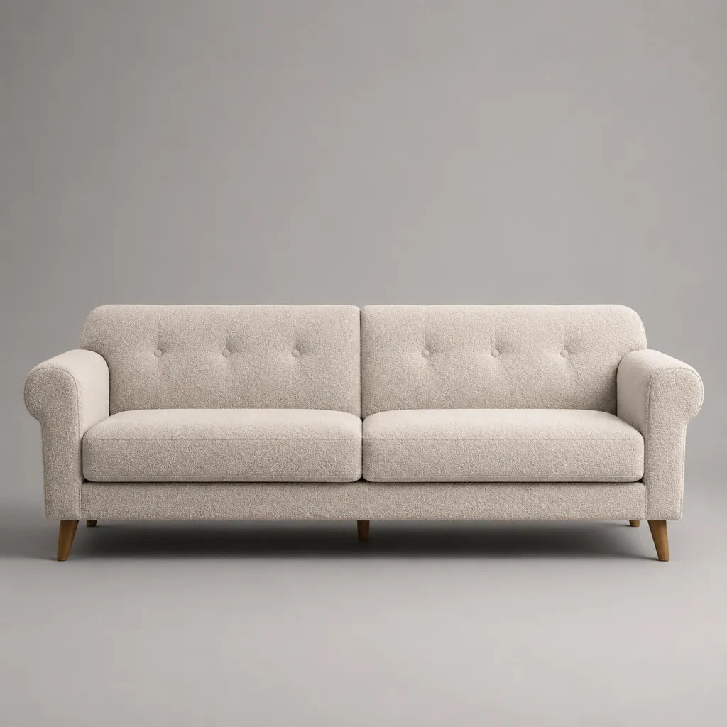 Divano lineare 3 posti in bouclé di poliestere crema con piedini marroni, 210 x 90 x 84 cm
