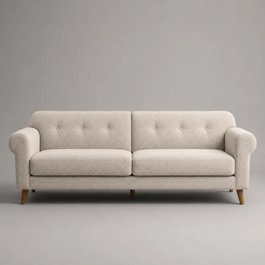 Divano lineare 3 posti in bouclé di poliestere crema con piedini marroni, 210 x 90 x 84 cm