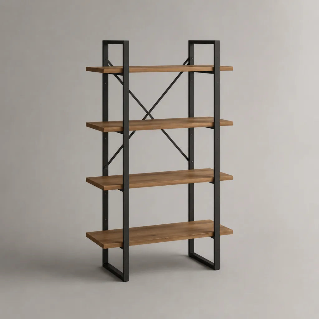 Libreria autoportante a 4 ripiani in legno e metallo, marrone noce e nero, 100 × 35 × 170 cm