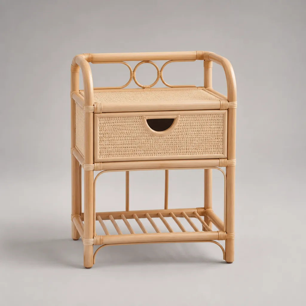 Comodino rettangolare in rattan naturale con cassetto e ripiano inferiore, 45 x 35 x 65 cm, beige naturale