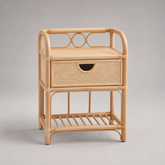 Comodino rettangolare in rattan naturale con cassetto e ripiano inferiore, 45 x 35 x 65 cm, beige naturale