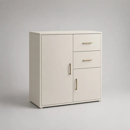 Credenza contenitore in legno bianco e ottone con 2 ante e 2 cassetti, 80 × 35 × 90 cm
