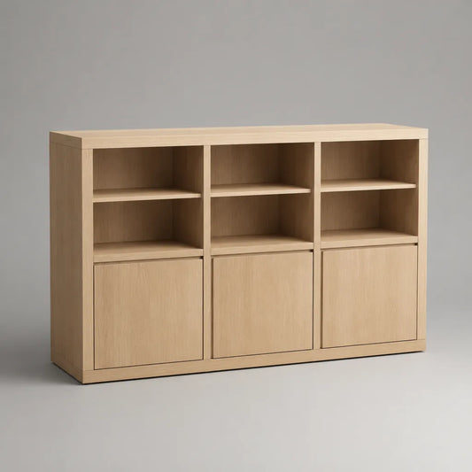 Credenza rettangolare in MDF impiallacciato con 3 ante e 6 vani aperti, rovere naturale chiaro, 150 x 40 x 95 cm