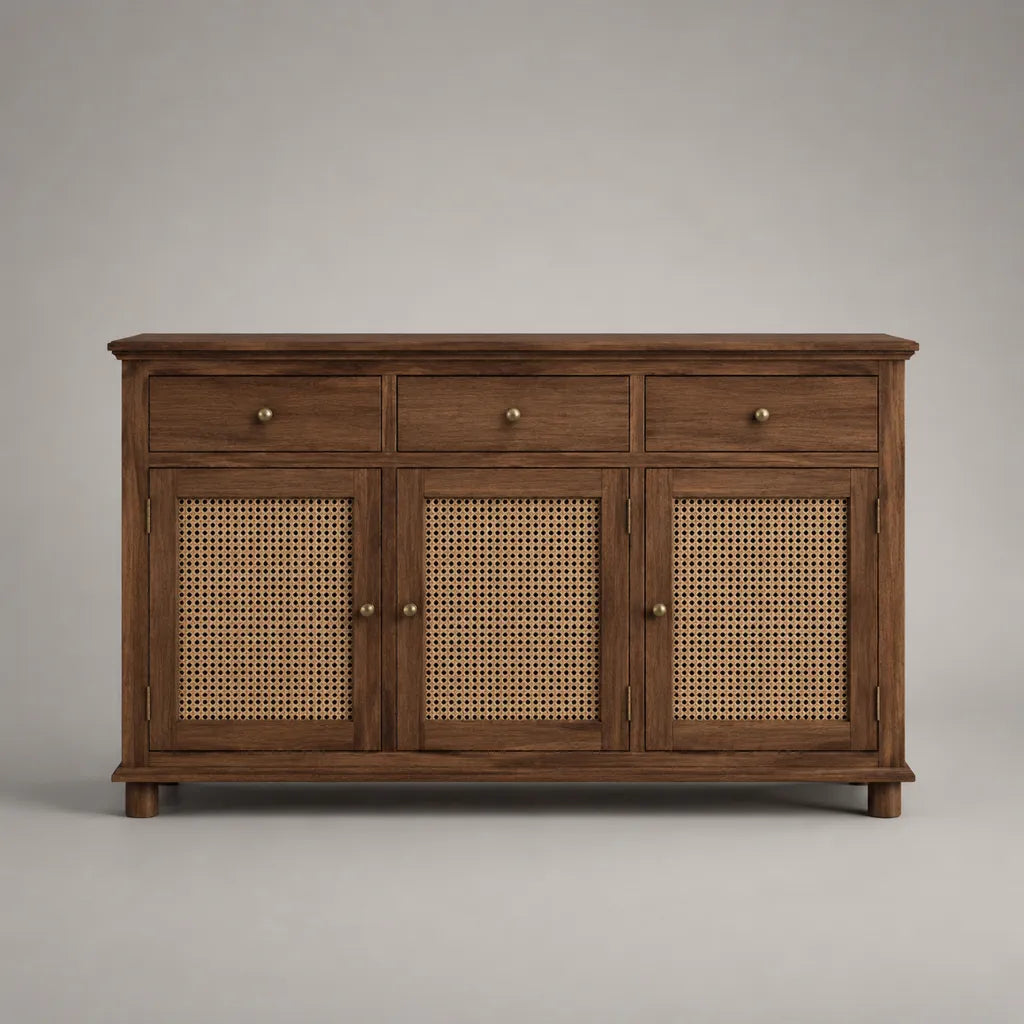 Credenza rettangolare in legno massello di mango e rattan naturale con 3 ante e 3 cassetti, marrone scuro, 150 x 40 x 90 cm