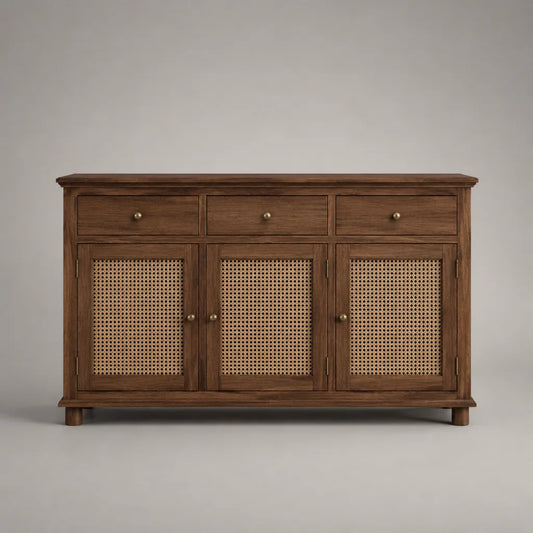 Credenza rettangolare in legno massello di mango e rattan naturale con 3 ante e 3 cassetti, marrone scuro, 150 x 40 x 90 cm
