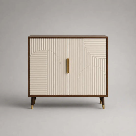 Credenza rettangolare in legno a 2 ante con frontali scanalati avorio, marrone noce e ottone, 100 x 40 x 90 cm