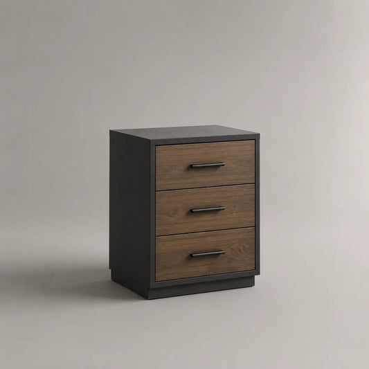 Comodino rettangolare con 3 cassetti in MDF laminato nero e noce, 45 x 40 x 65 cm