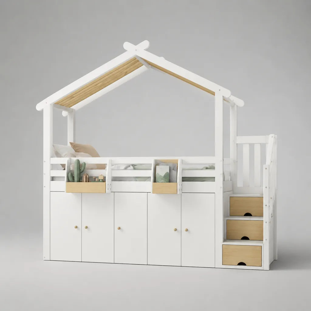 Letto a soppalco per bambini 90 x 200 cm in legno e MDF con armadio, scala contenitore e struttura a casetta, bianco e naturale, 244 x 97 x 220 cm