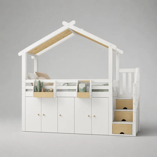 Letto a soppalco per bambini 90 x 200 cm in legno e MDF con armadio, scala contenitore e struttura a casetta, bianco e naturale, 244 x 97 x 220 cm
