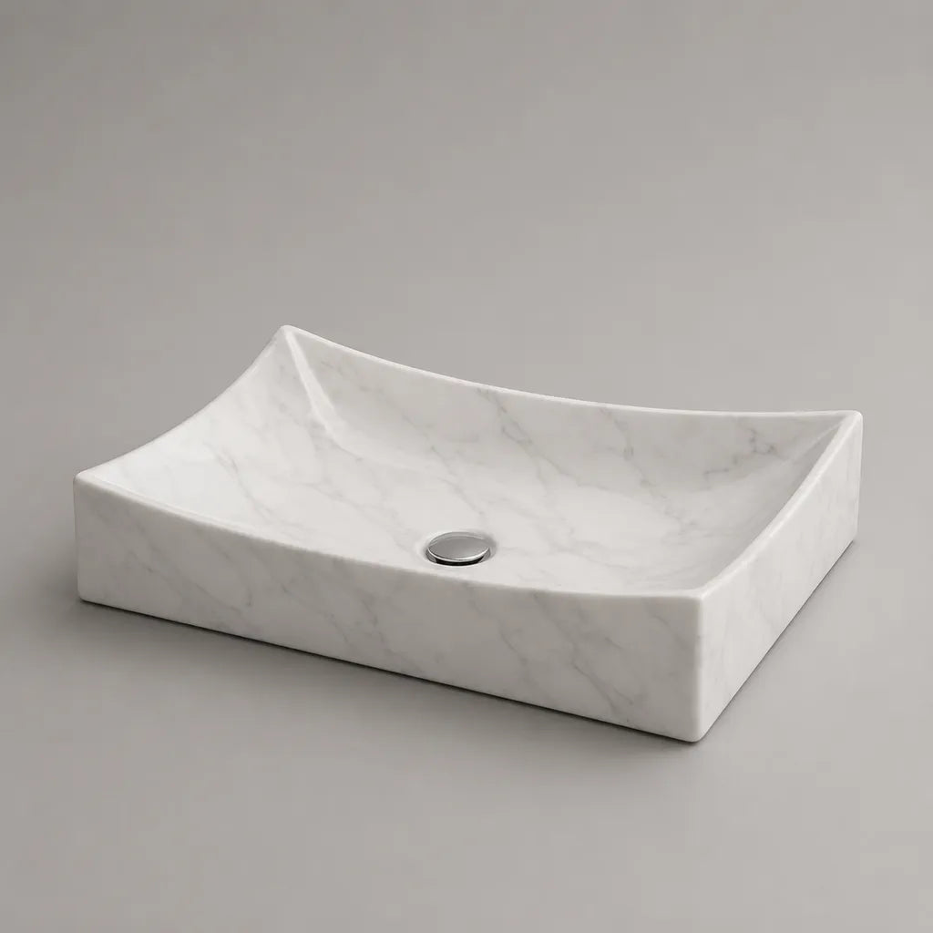 Lavabo da appoggio rettangolare in ceramica bianca effetto marmo, 50 × 40 × 15 cm