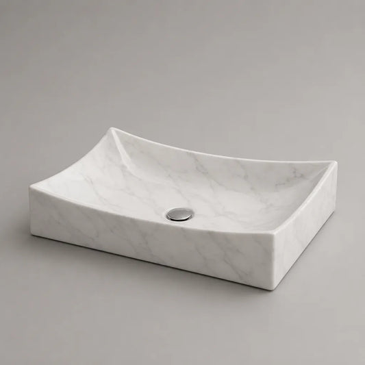 Lavabo da appoggio rettangolare in ceramica bianca effetto marmo, 50 × 40 × 15 cm