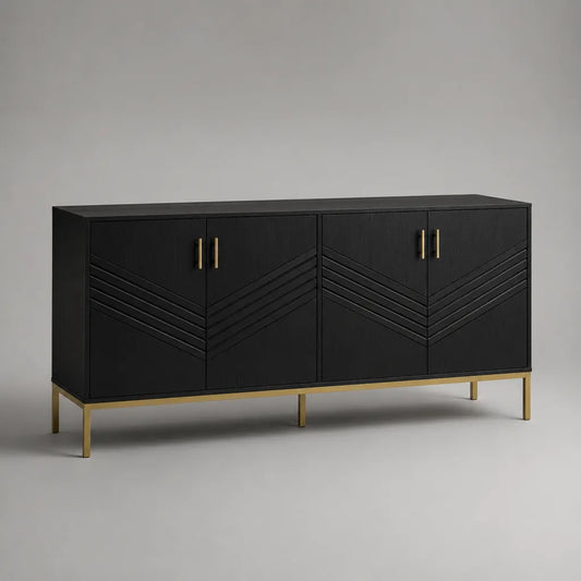 Credenza a 4 ante in legno nero con base in acciaio dorato, 160 × 40 × 80 cm