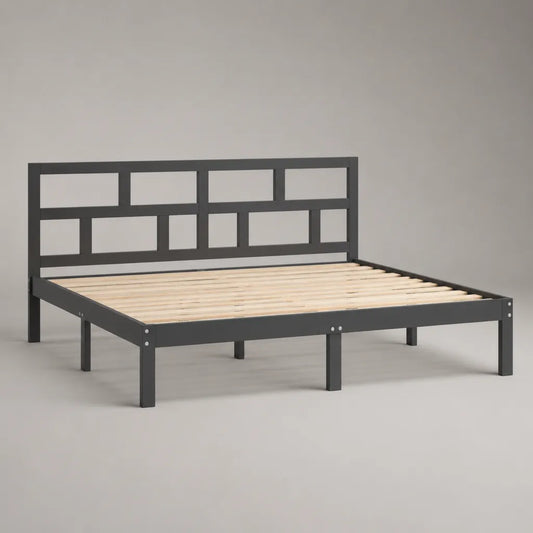 Letto matrimoniale in acciaio e legno con rete a doghe, antracite e naturale, 160 × 200 cm