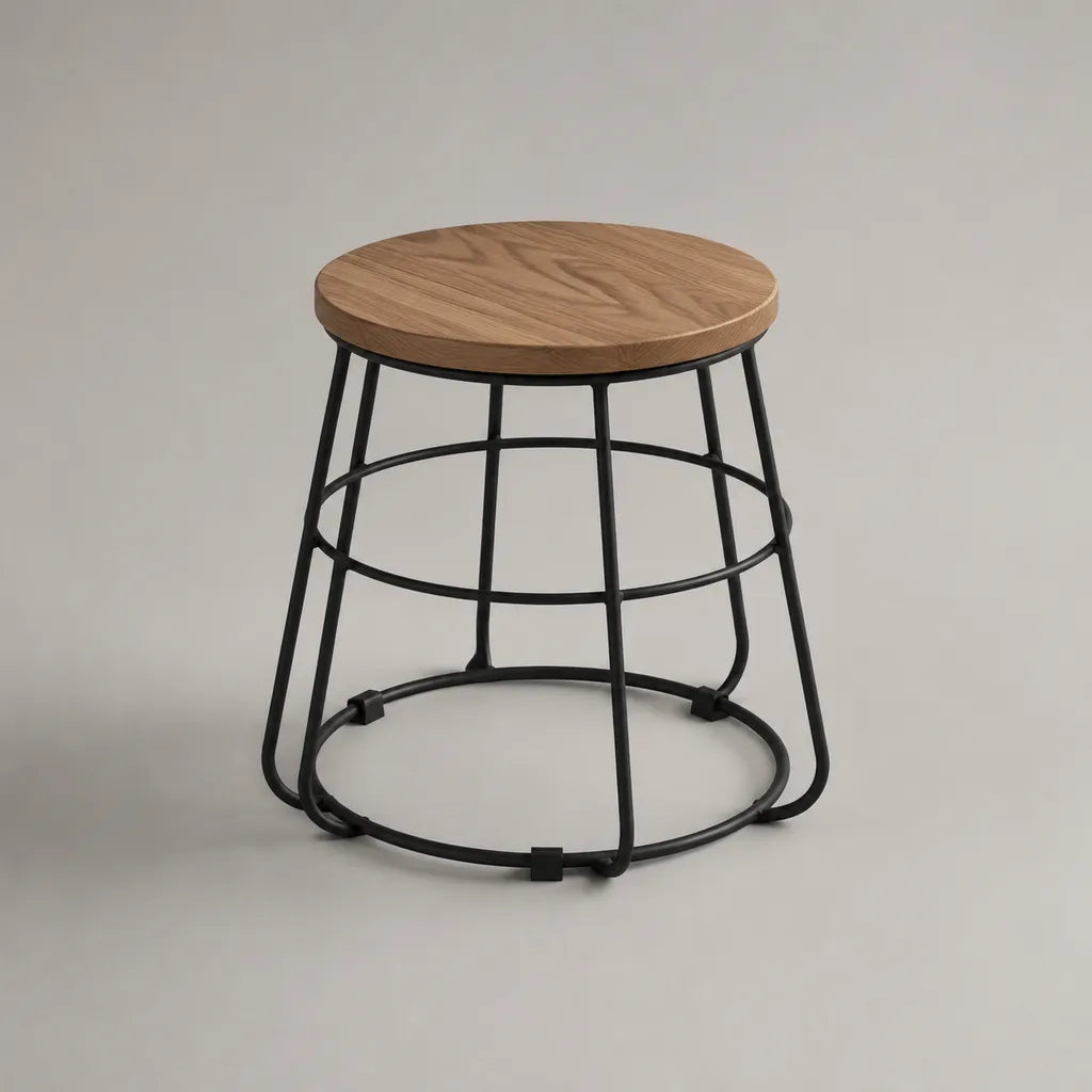 Sgabello basso rotondo senza schienale in legno e acciaio, marrone naturale e nero, Ø42 × H45 cm