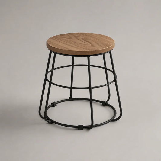 Sgabello basso rotondo senza schienale in legno e acciaio, marrone naturale e nero, Ø42 × H45 cm