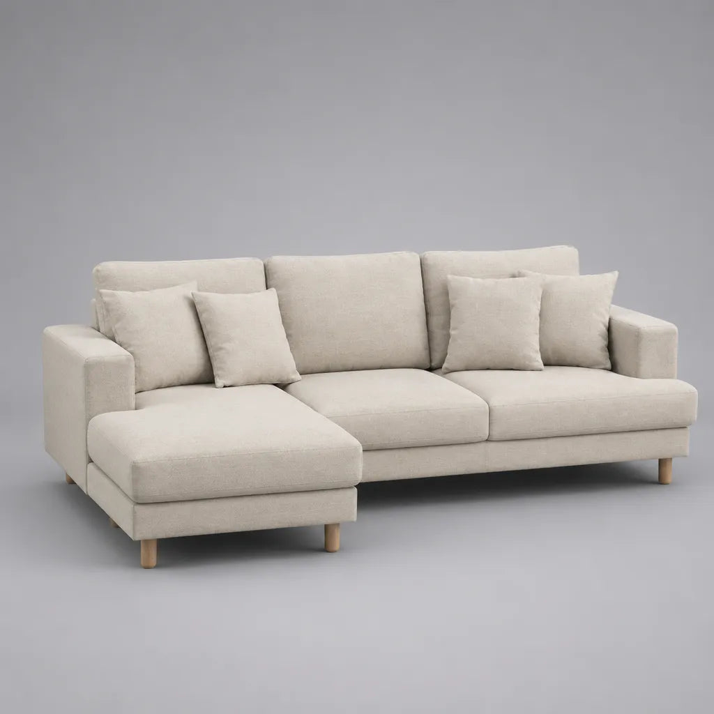 Divano angolare a L a 3 posti con penisola sinistra, rivestimento in tessuto beige, 255 × 160 × 88 cm