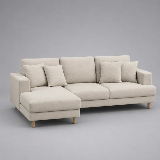 Divano angolare a L a 3 posti con penisola sinistra, rivestimento in tessuto beige, 255 × 160 × 88 cm